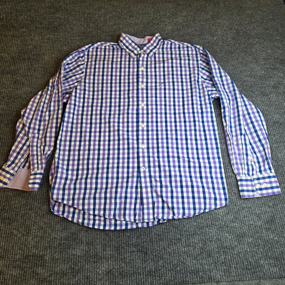 IZOD Mens Large Purple‎ Blue Gingham Checkered Long Sleeve Button Down Shirt